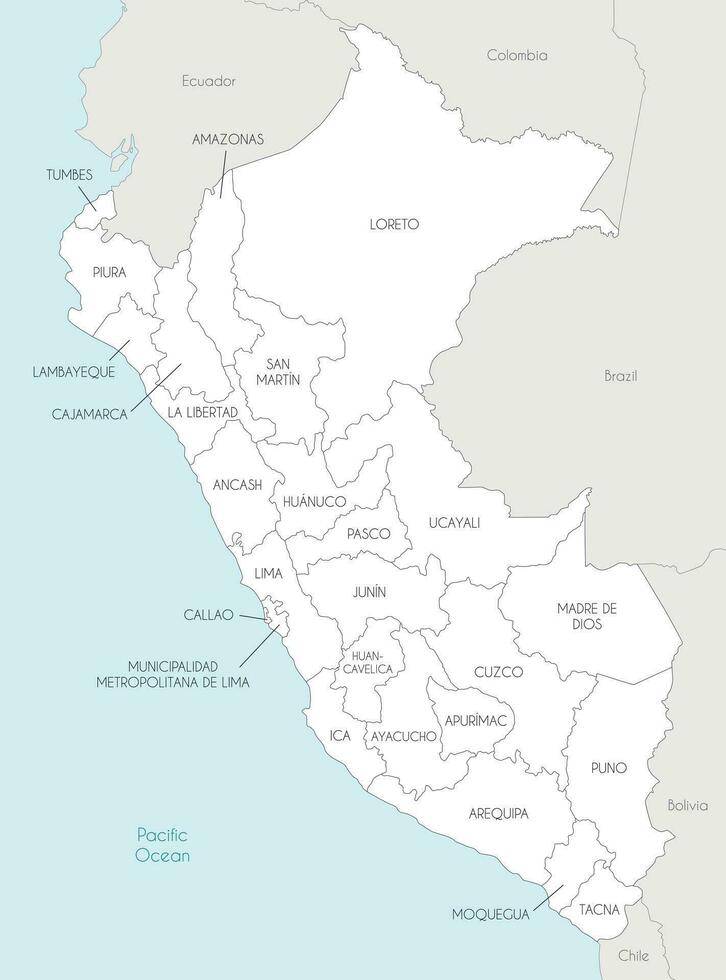 vector mapa de Perú con departamentos, provincias y administrativo divisiones, y vecino países. editable y claramente etiquetado capas.