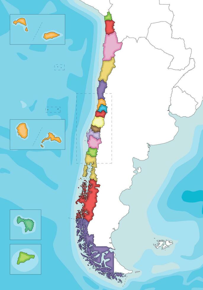 vector ilustrado blanco mapa de Chile con regiones y territorios y administrativo divisiones, y vecino países y territorios. editable y claramente etiquetado capas.