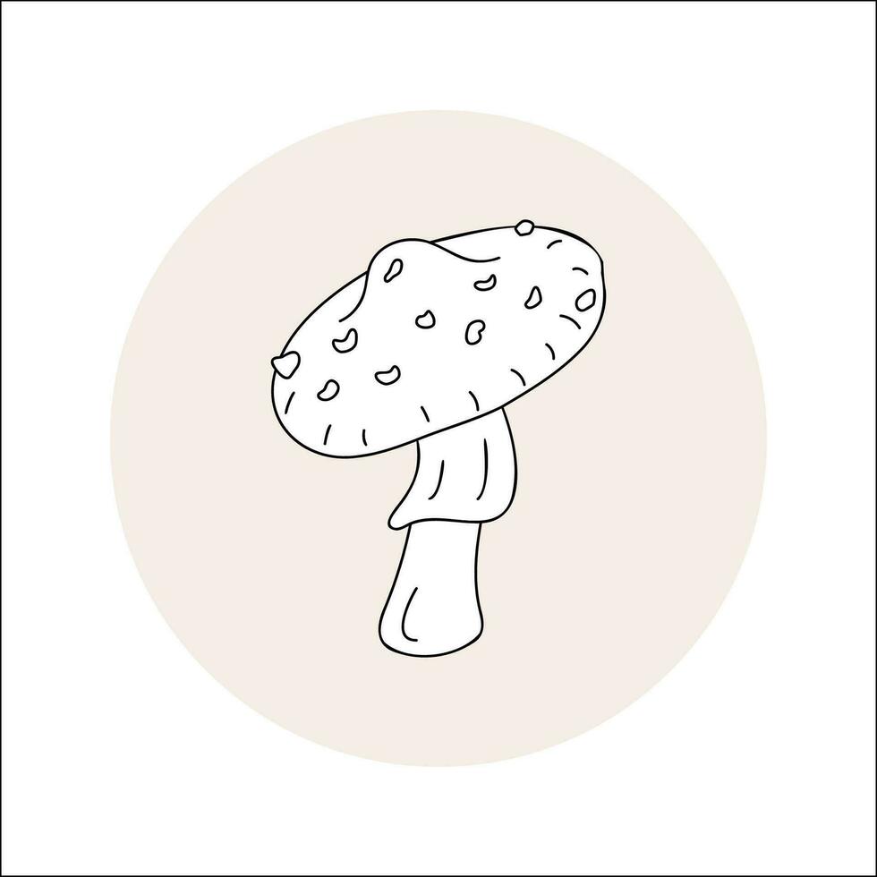 Mushroom line icon black outline in circle. Vector illustration isolated fly agaric in doodle style. Design element for theme forest mushrooms, menu, forest, ingredients, recipes, organic products