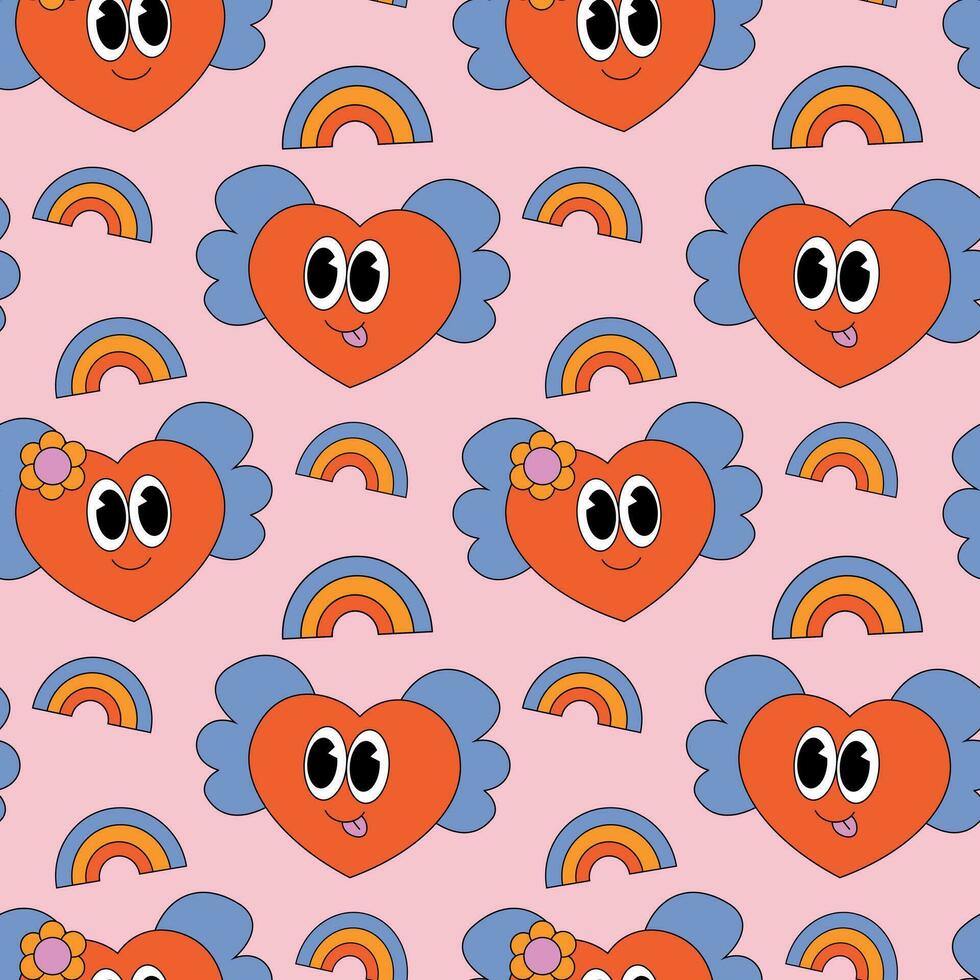 Seamless pattern with cartoon groovy Heart and rainbow vector