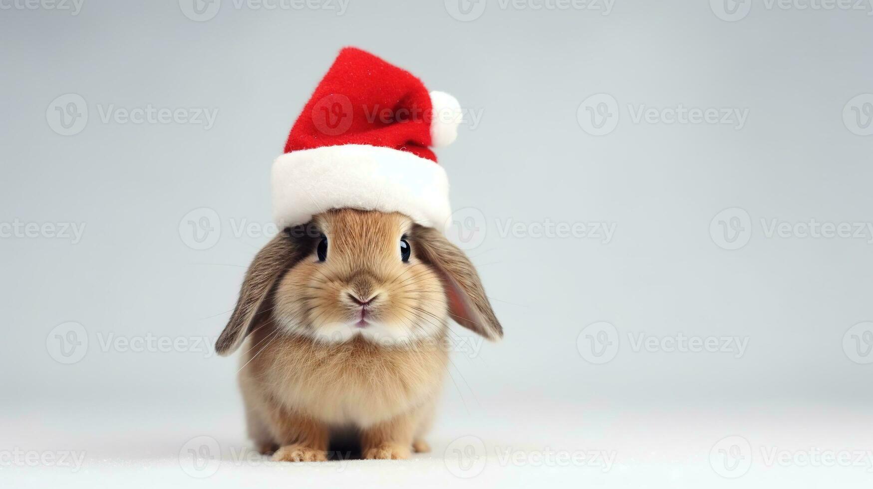 Cute Rabbit with Christmas Hat Isolated on the Minimalist Background photo