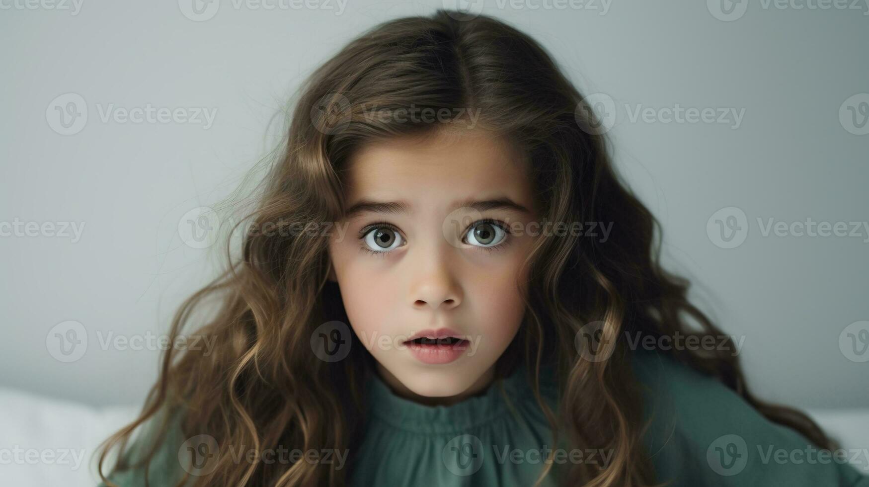 Scared Girl Looking at the Camera Isolated on the Minimalist Background photo