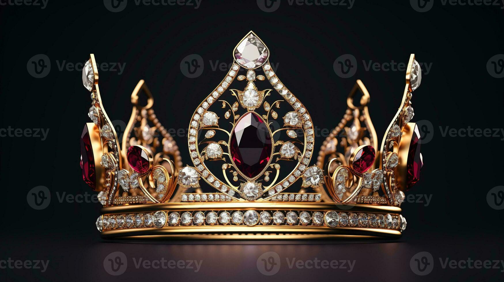detallado reina corona hecho de oro aislado en el llanura fondo, decorado con precioso joyas foto