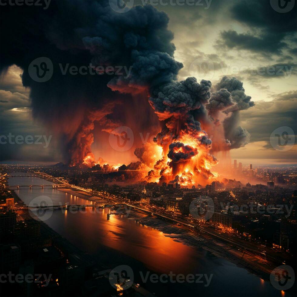 Arab-Israeli war, explosions in the city at night, explosions in Palestine - AI generated image photo