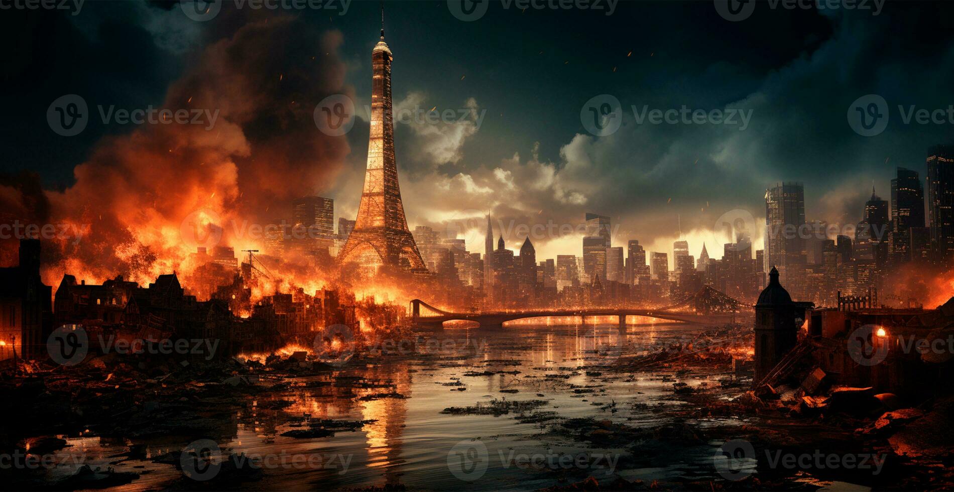 Bomb explosion at night in Paris - AI generated image photo