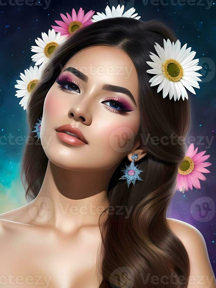 Beautiful Young Woman With Long Brown Hair And Pink, White Flowes. Generative AI photo