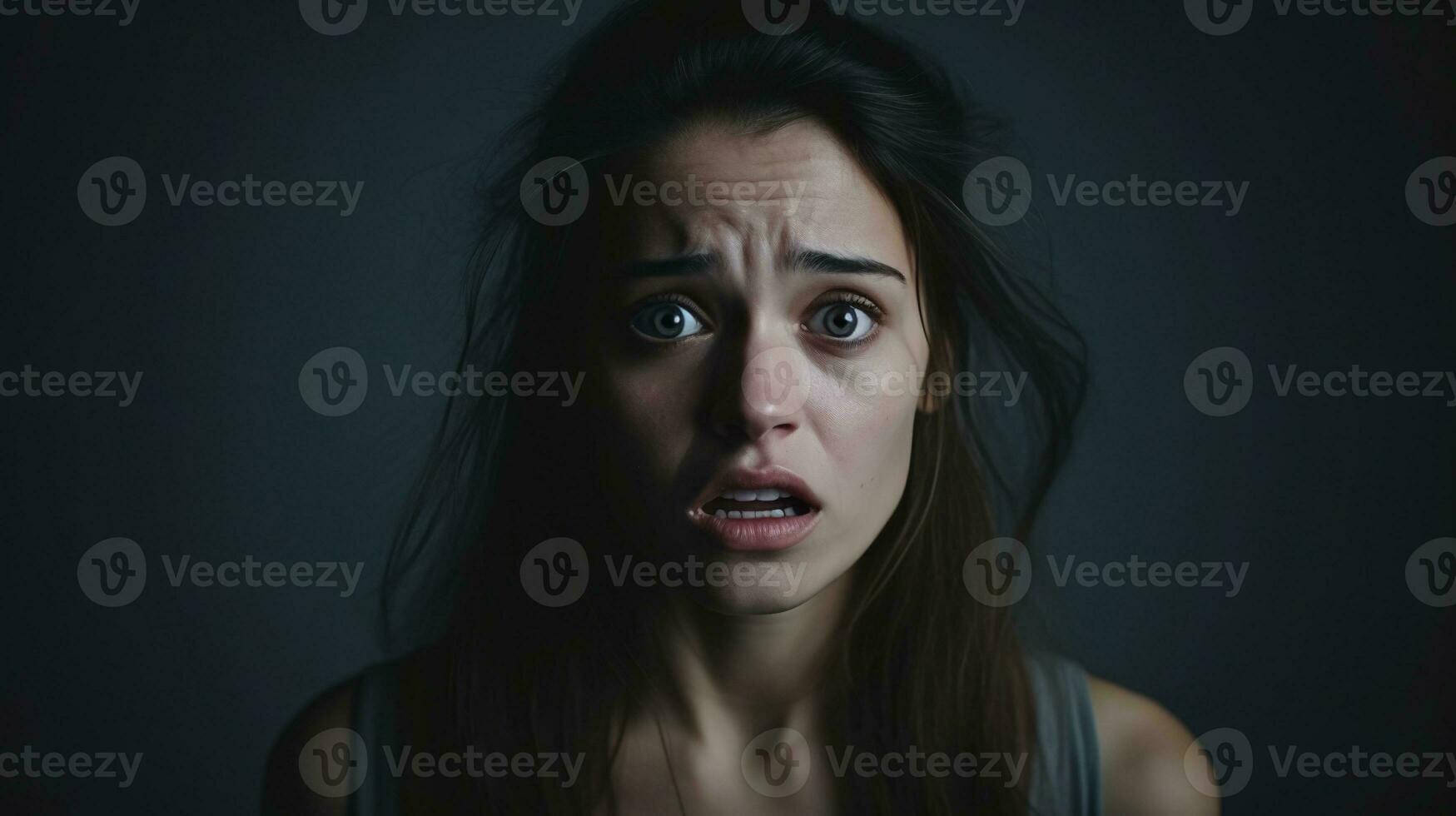 Scared Woman Looking at the Camera Isolated on the Minimalist Background photo