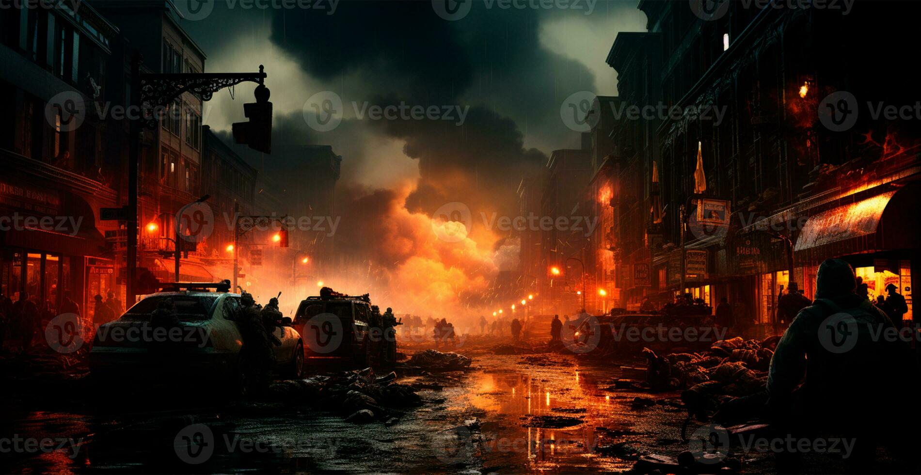 Military operation, evacuation from a burning city - AI generated image photo