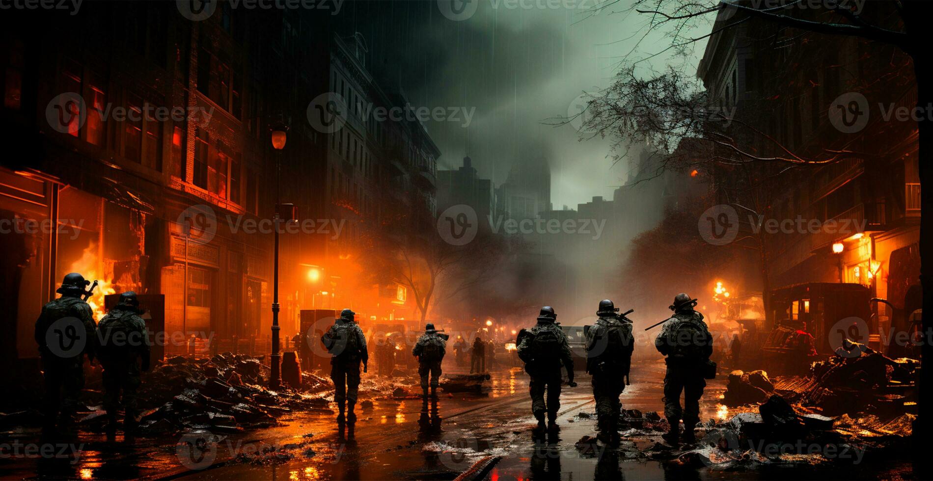 Military operation, evacuation from a burning city - AI generated image photo
