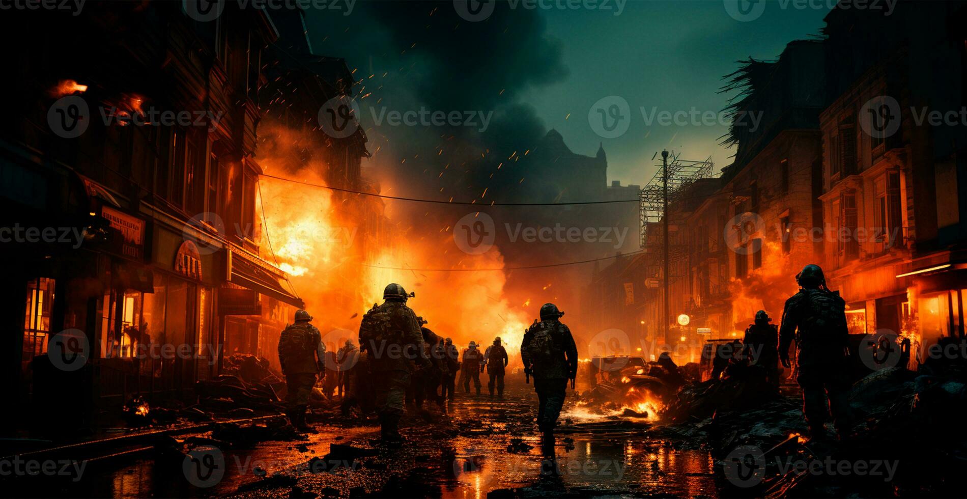 Military operation, evacuation from a burning city - AI generated image photo