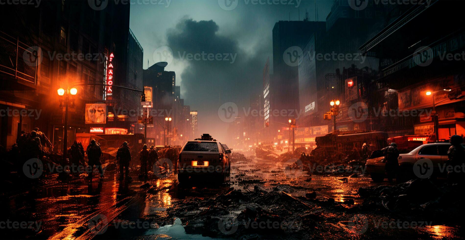 Military operation, evacuation from a burning city - AI generated image photo