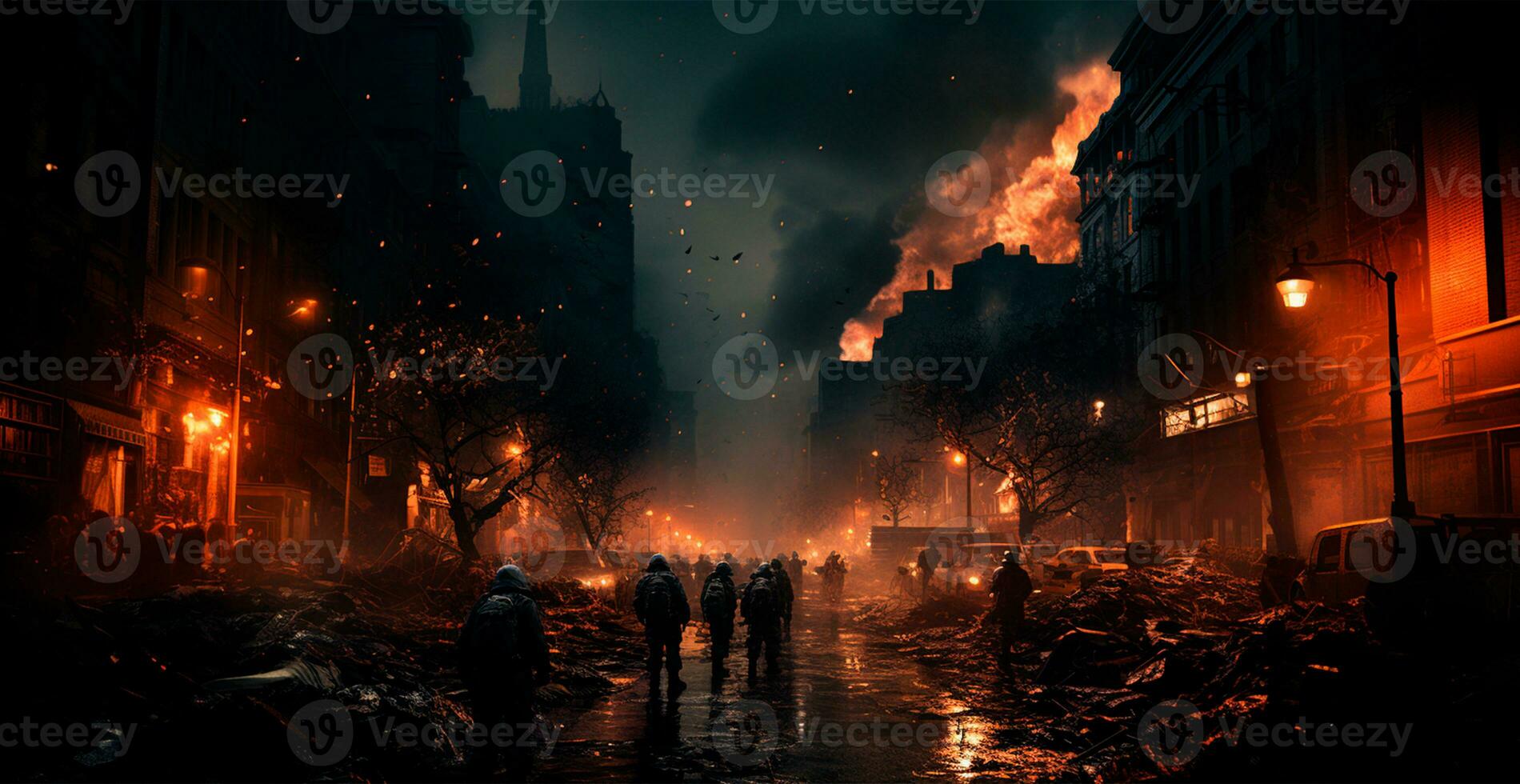 Military operation, evacuation from a burning city - AI generated image photo