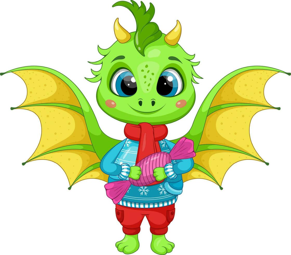 Christmas Cartoon Green Dragon with Candy vector