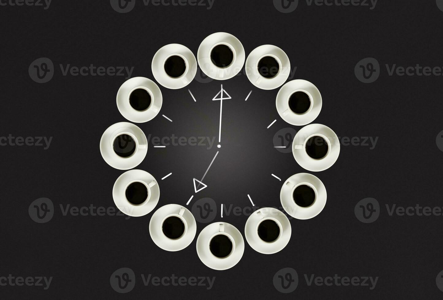 Cups with coffee, stacked in a circle. Clock consist of twenty cups. Black background. Concept time to coffee photo