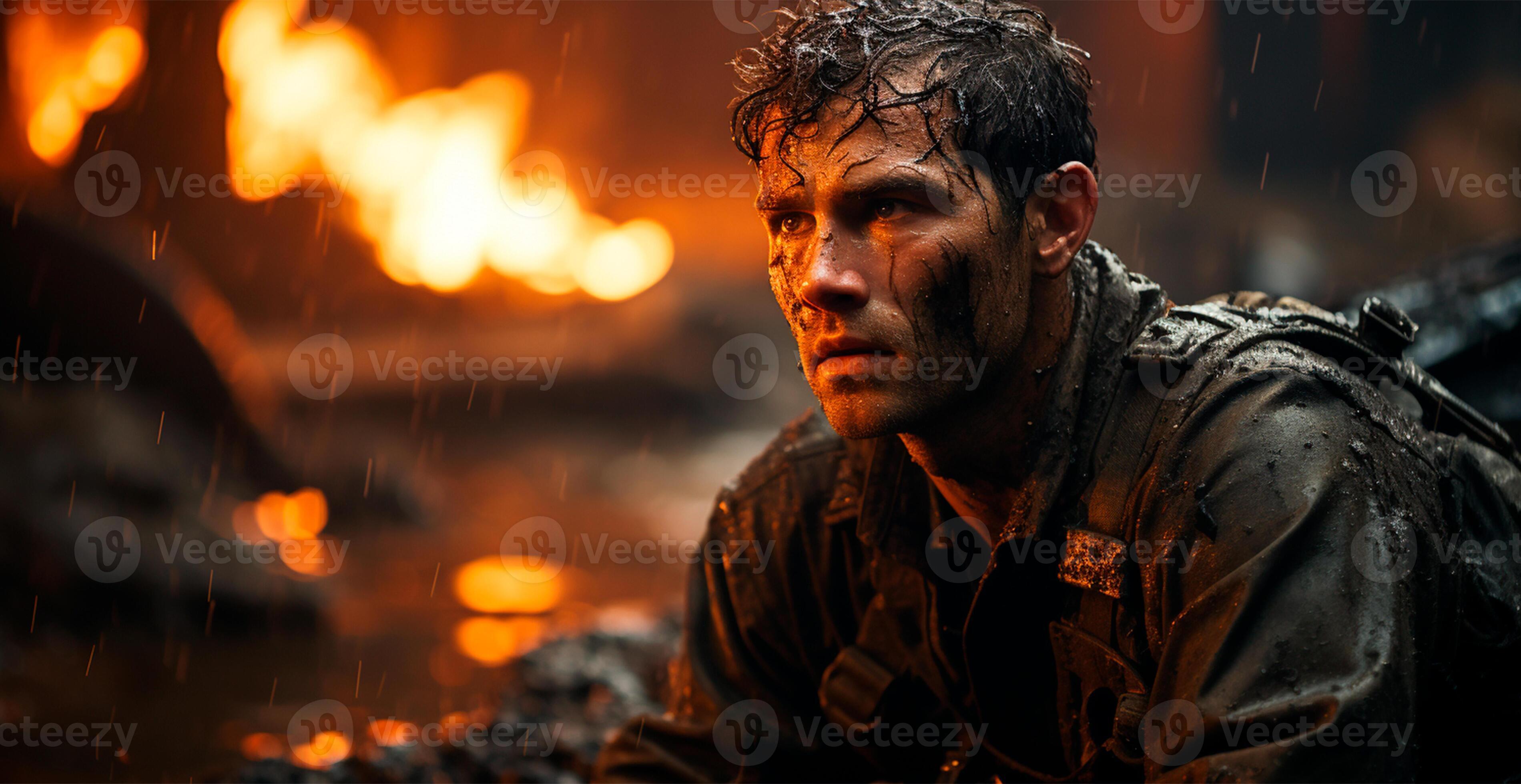 Fear of the military, horror in the eyes of a man, fear of war AI