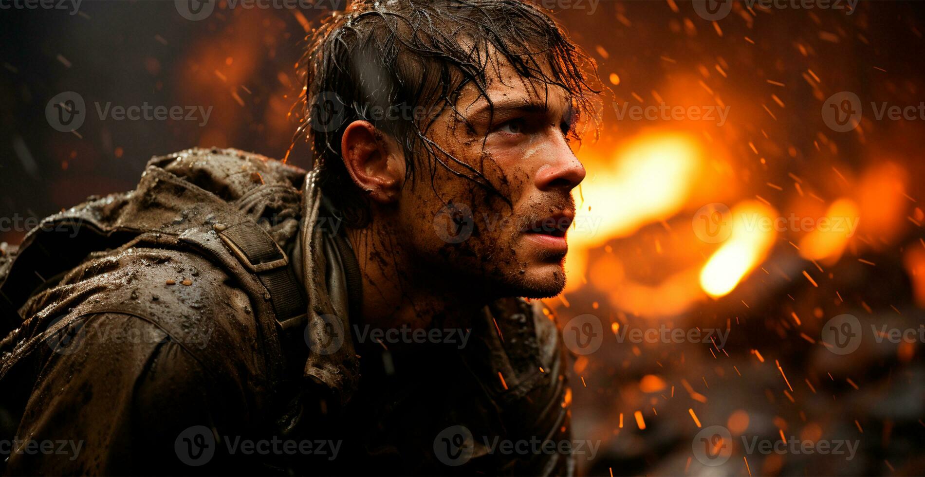 Fear of the military, horror in the eyes of a man, fear of war - AI generated image photo