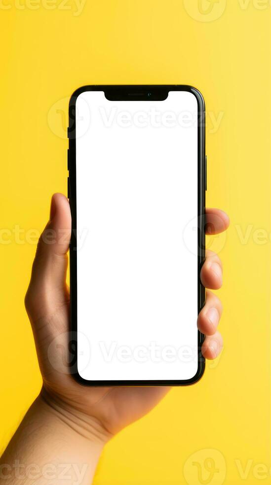 teléfono inteligente con blanco pantalla en amarillo antecedentes Bosquejo foto