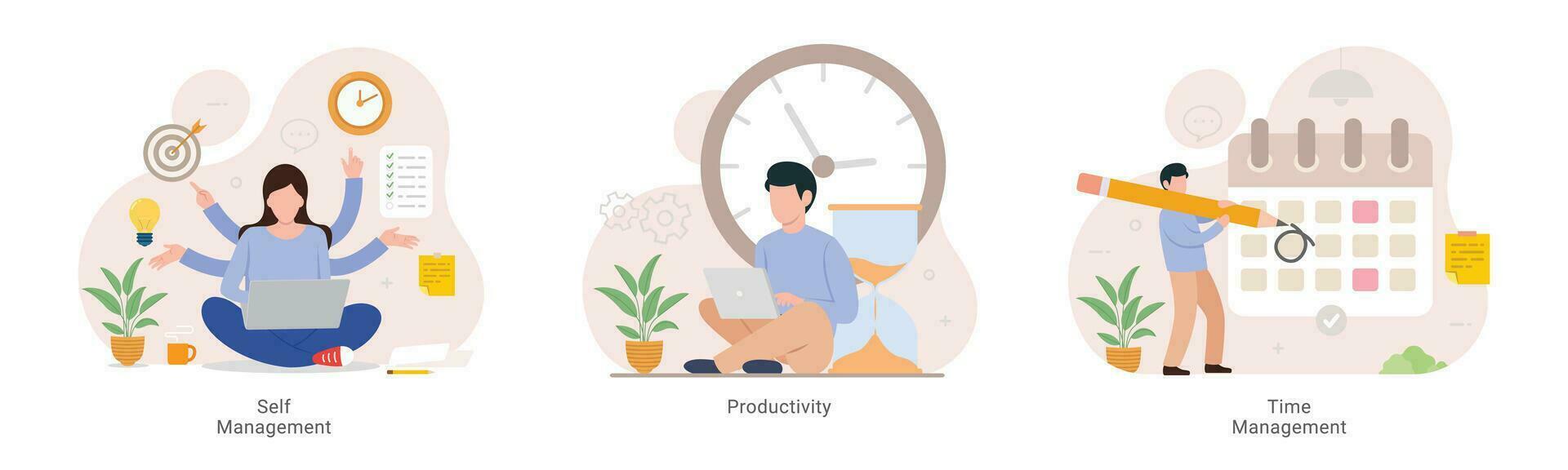 Self and time management, productivity employee performance and self organization design concept vector