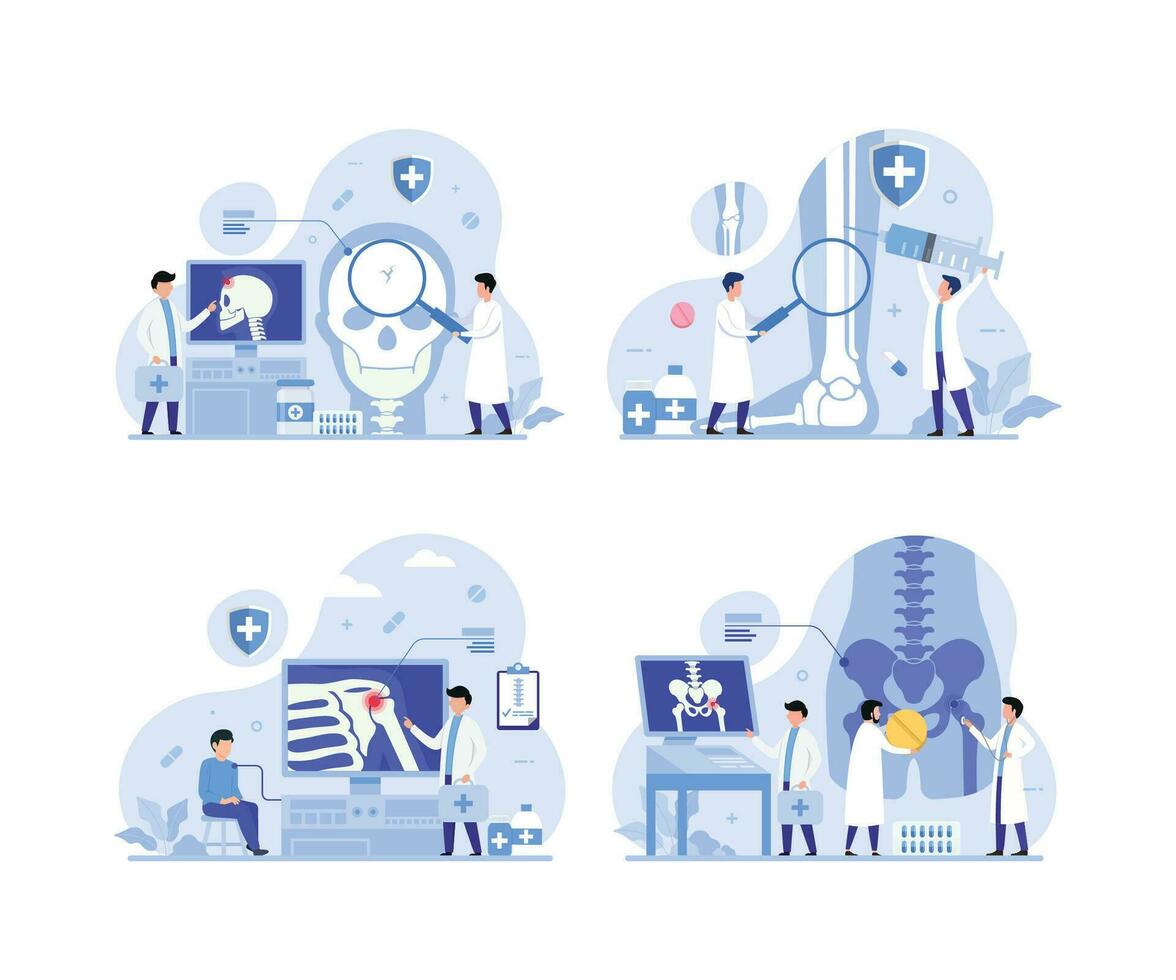 Tiny Orthopedics doctors examining human joints pain design concept set vector