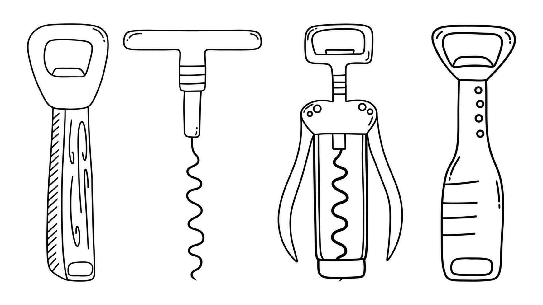 conjunto de diferente botella abridores en garabatear estilo. vector ilustración.