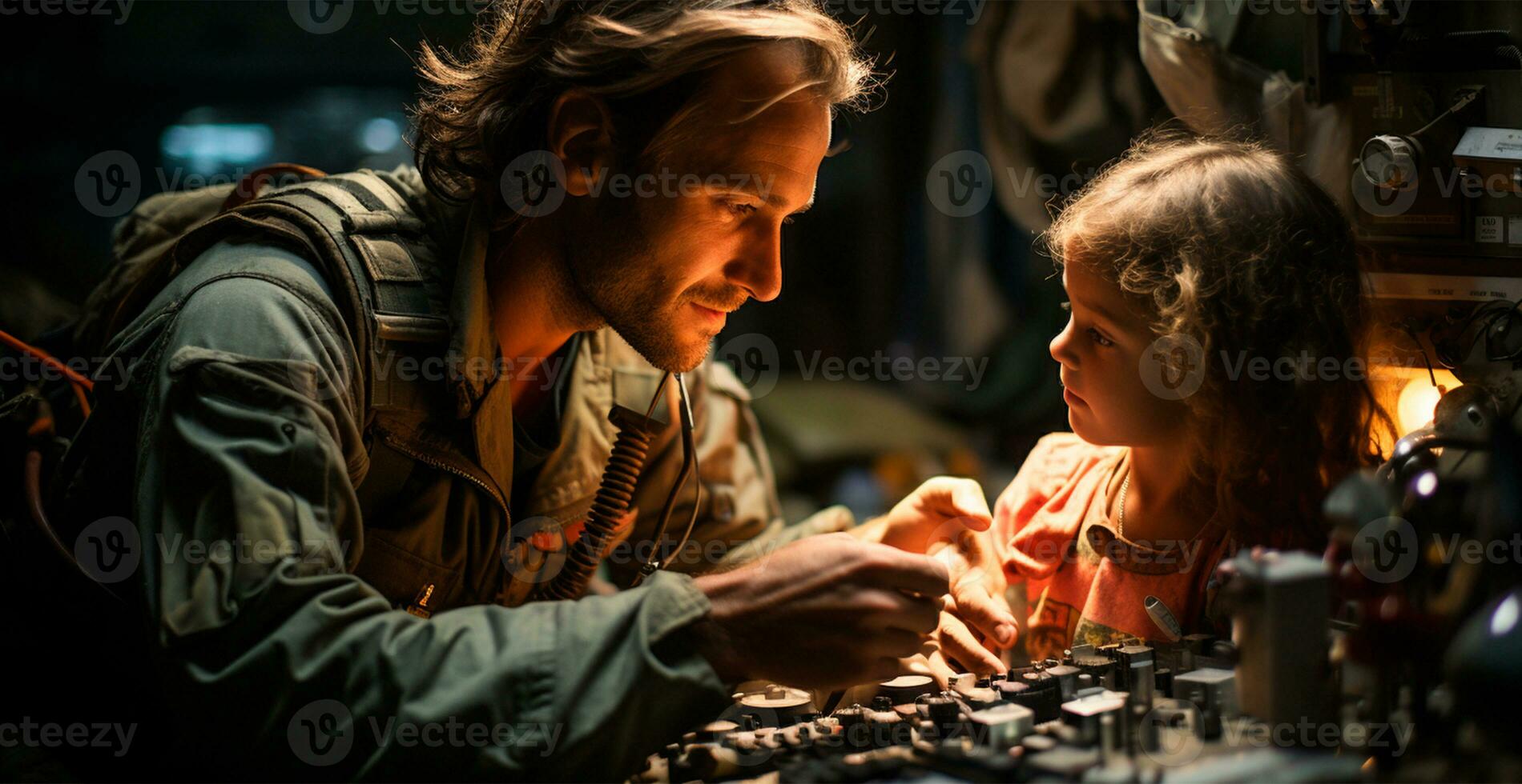 Military and children, military doctors help children, saving children - AI generated image photo