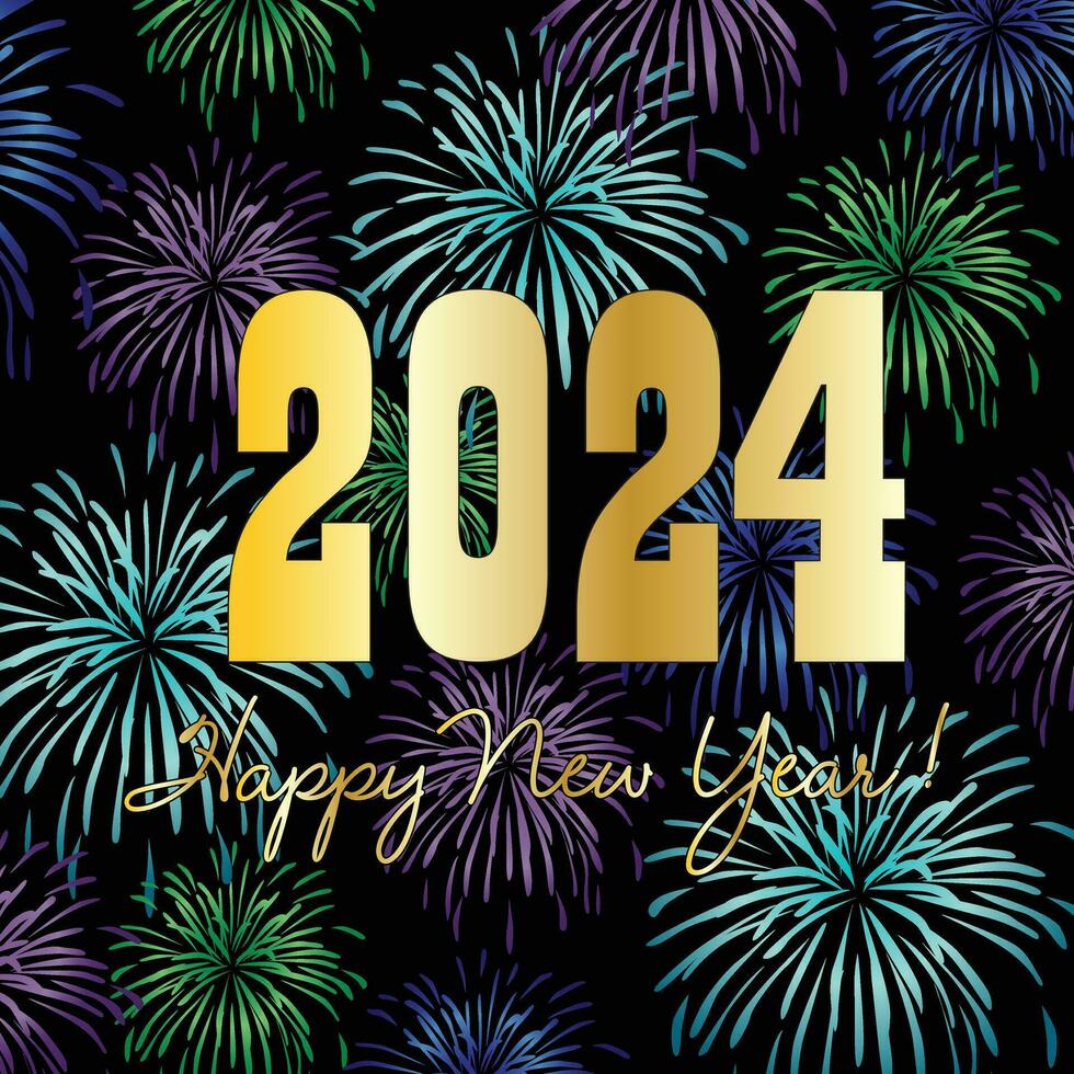 2024 Happy New Year graphic with fireworks on black background vector