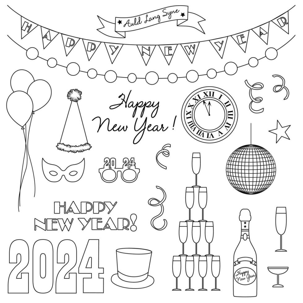 2024 New Years Eve Black Outline Vector Illustrations