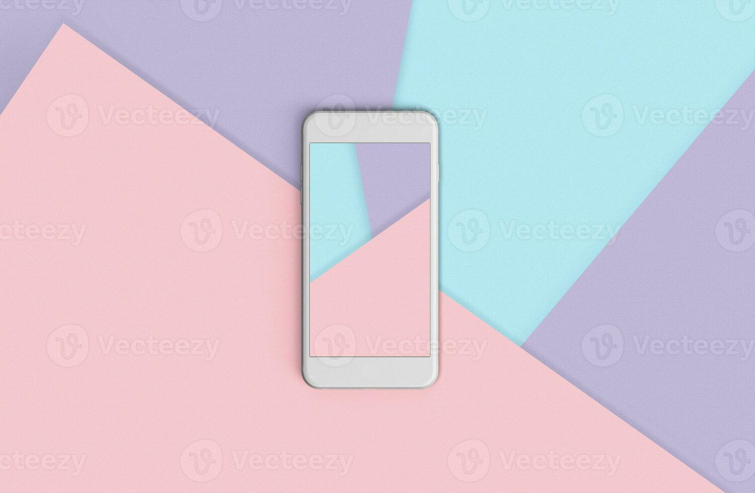 Phone with colorful screen on top view, background in pastel colors. photo