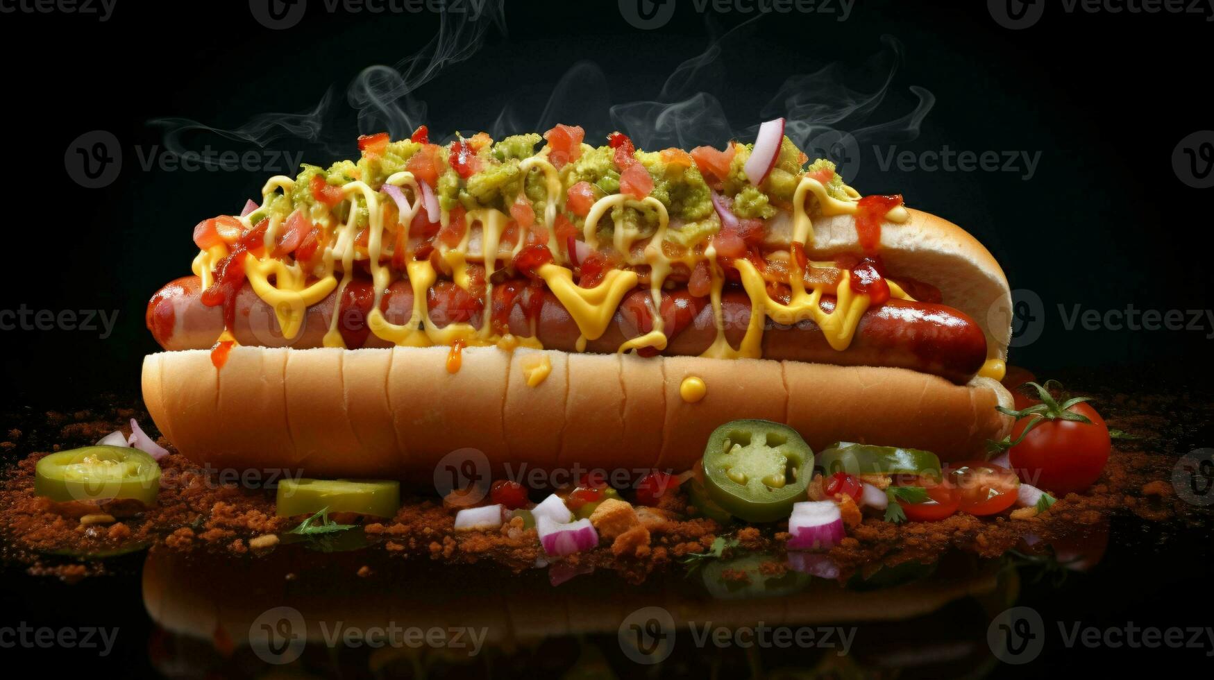 Realistic loaded hot dog with ketchup, mustard, peppers and fillings on black background, ai generated photo