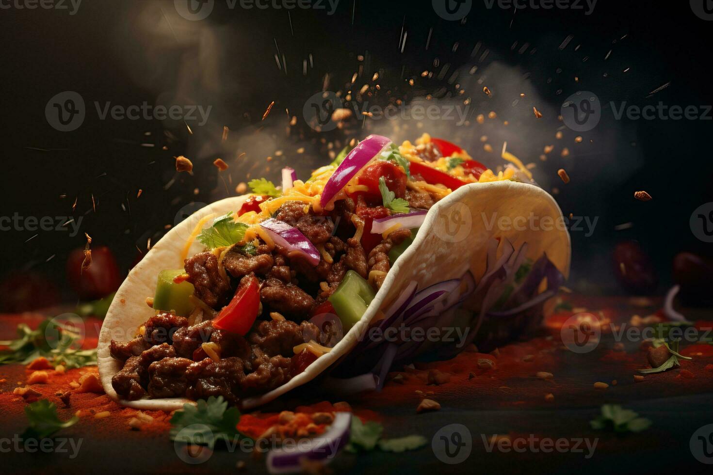 Close-up shot of a street-style taco with grilled meat, fresh salsa, and vibrant toppings photo