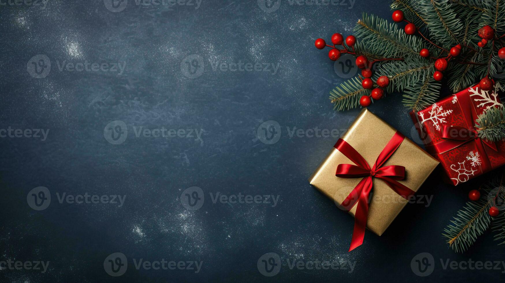 Christmas decorations on dark blue background, top view with space for text photo