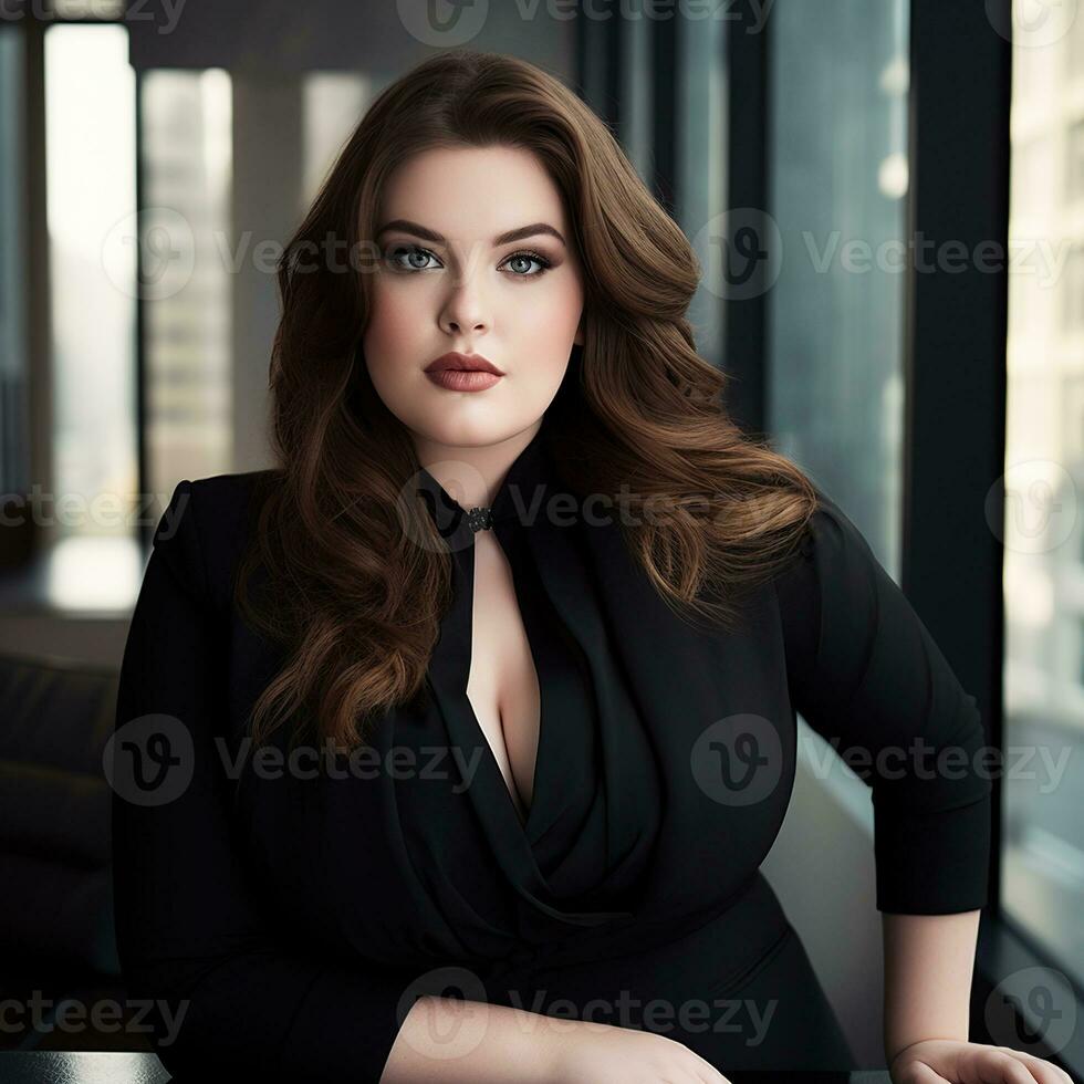 Woman plus size sitting in office. Business style photo