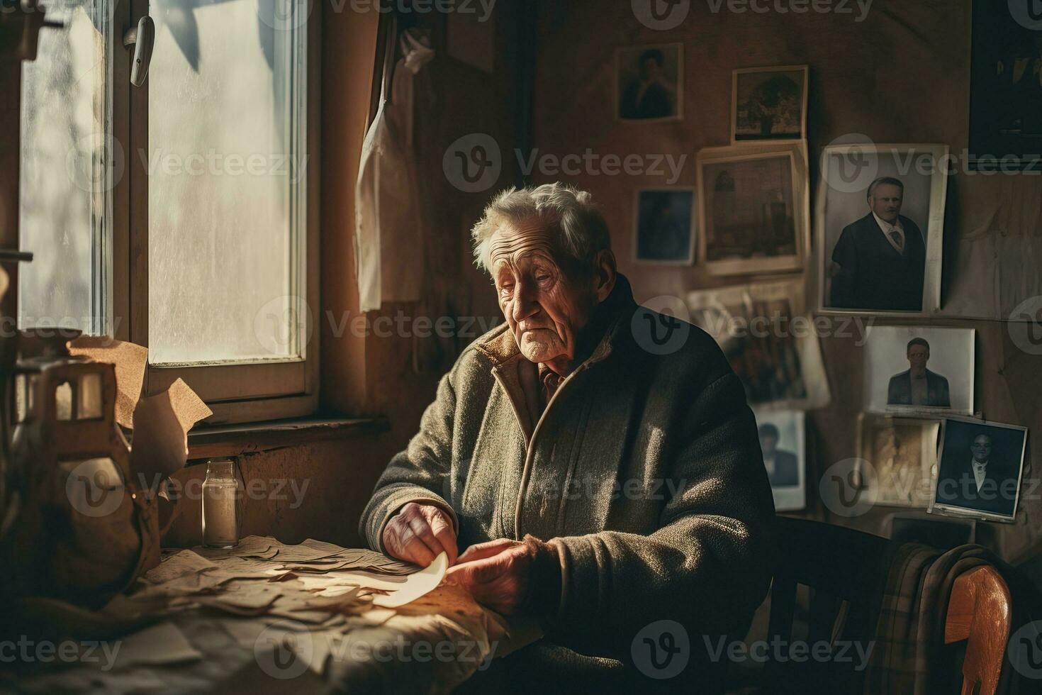 mayor hombre sentado por el ventana en un antiguo departamento, antiguo foto en mano, soledad