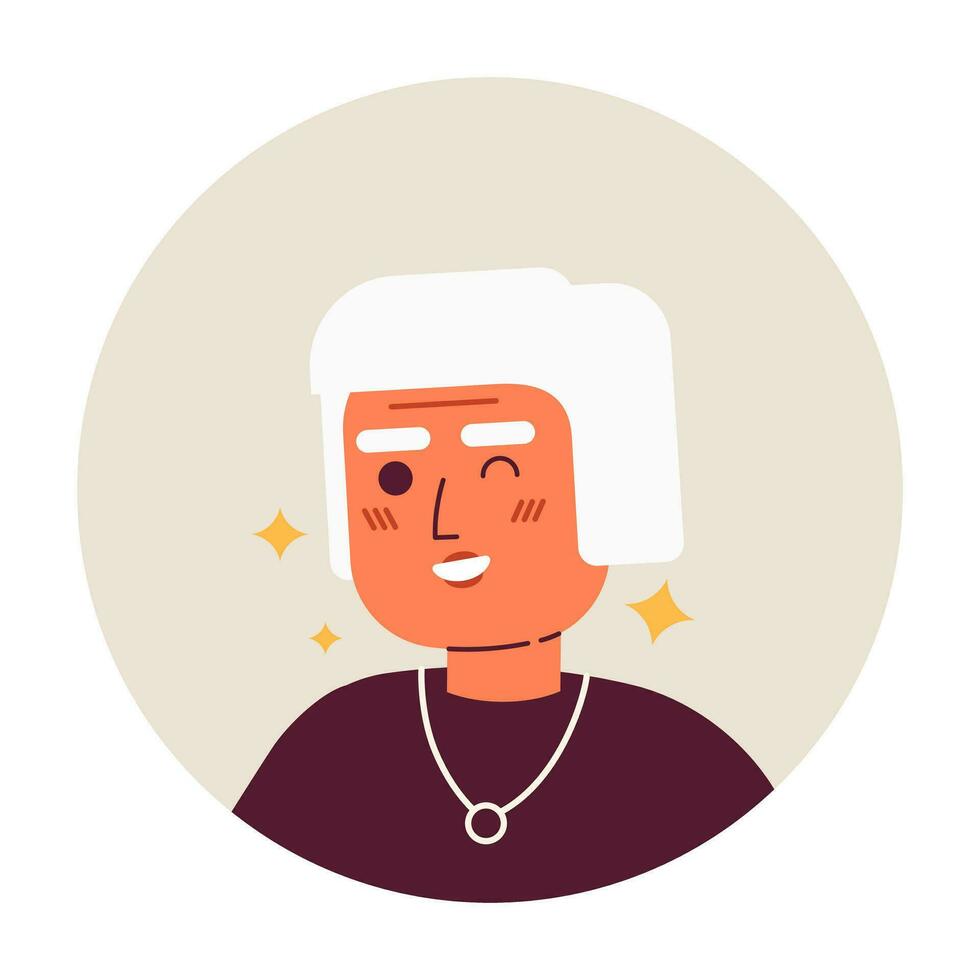 Fashionable elderly lady winking expression 2D vector avatar illustration. Sparkle caucasian senior woman cartoon character face portrait. Confident flat color user profile image isolated on white