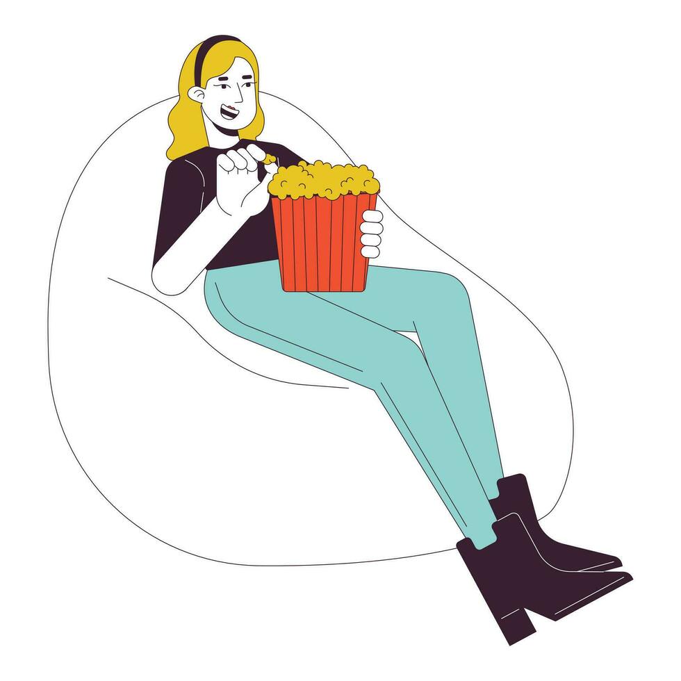 Beanbag woman holding popcorn bucket 2D linear cartoon character. Caucasian girl relaxing on sag bag isolated line vector person white background. Movie watching at home color flat spot illustration