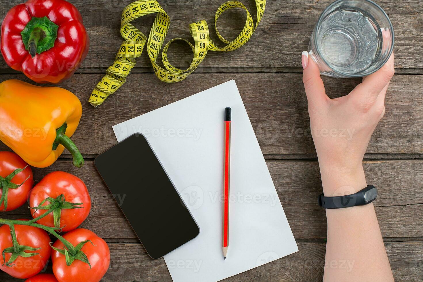 Concept diet, slimming plan with vegetables top view mock up photo
