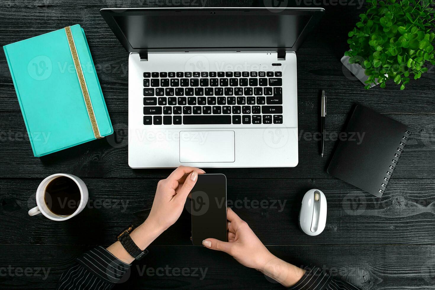 Overhead view of businesswoman working at computer in office photo