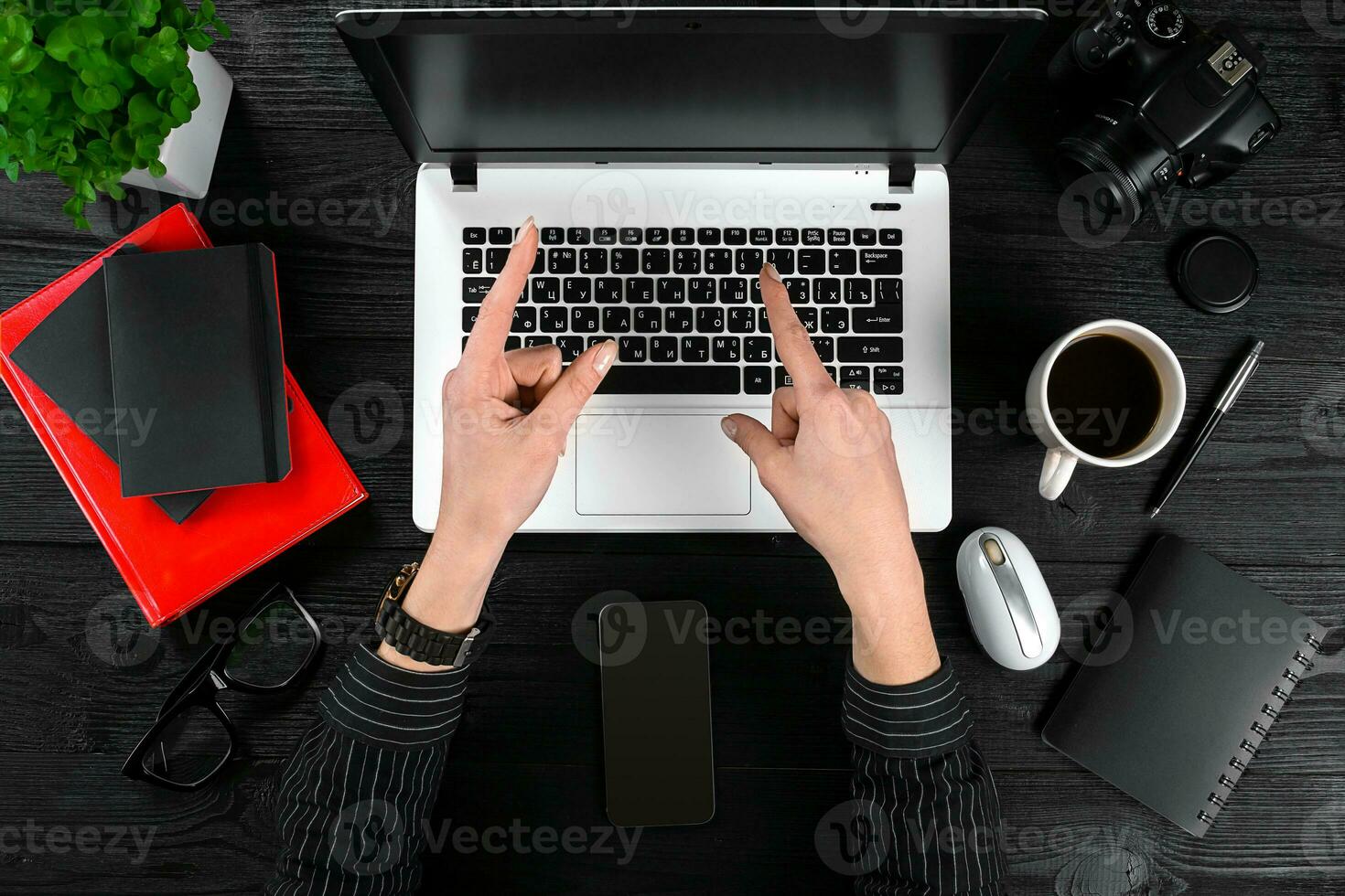 Overhead view of businesswoman working at computer in office photo