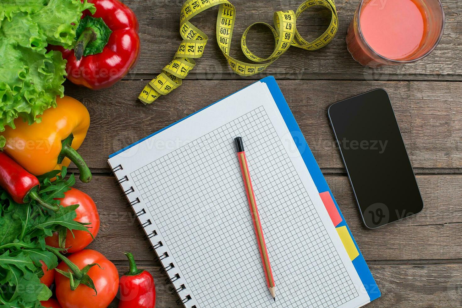 Concept diet, slimming plan with vegetables top view mock up photo