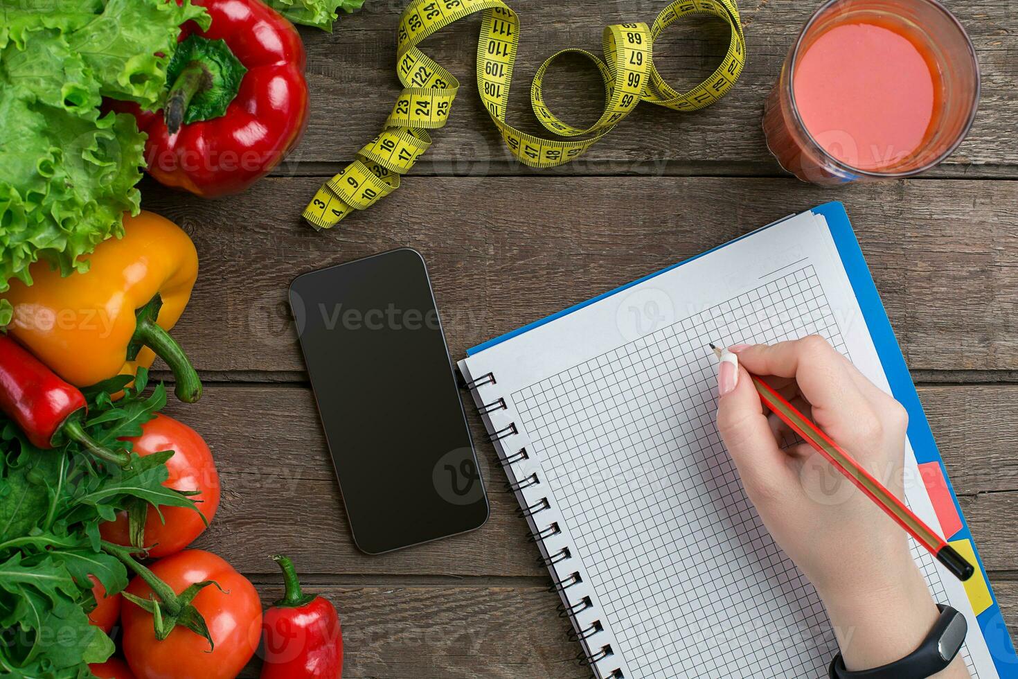 oncept diet, slimming plan with vegetables top view mock up photo