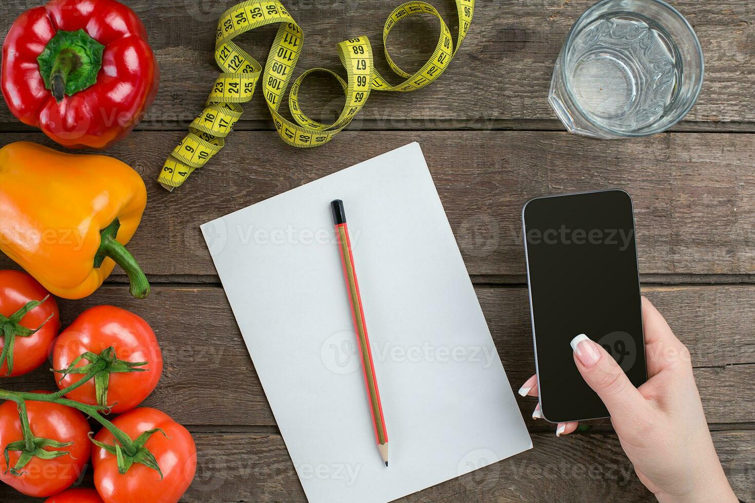 oncept diet, slimming plan with vegetables top view mock up photo