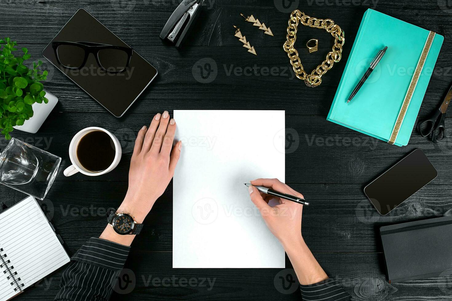 View from above with copy space office table , notebook with cup of coffee and Smart Phon photo