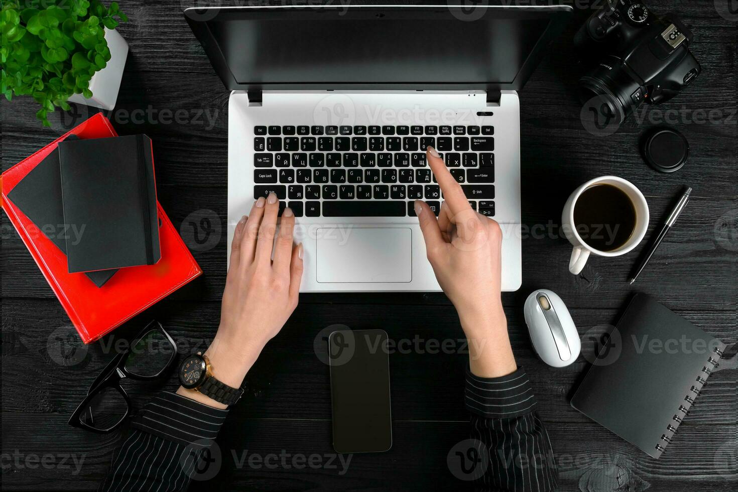 Overhead view of businesswoman working at computer in office photo