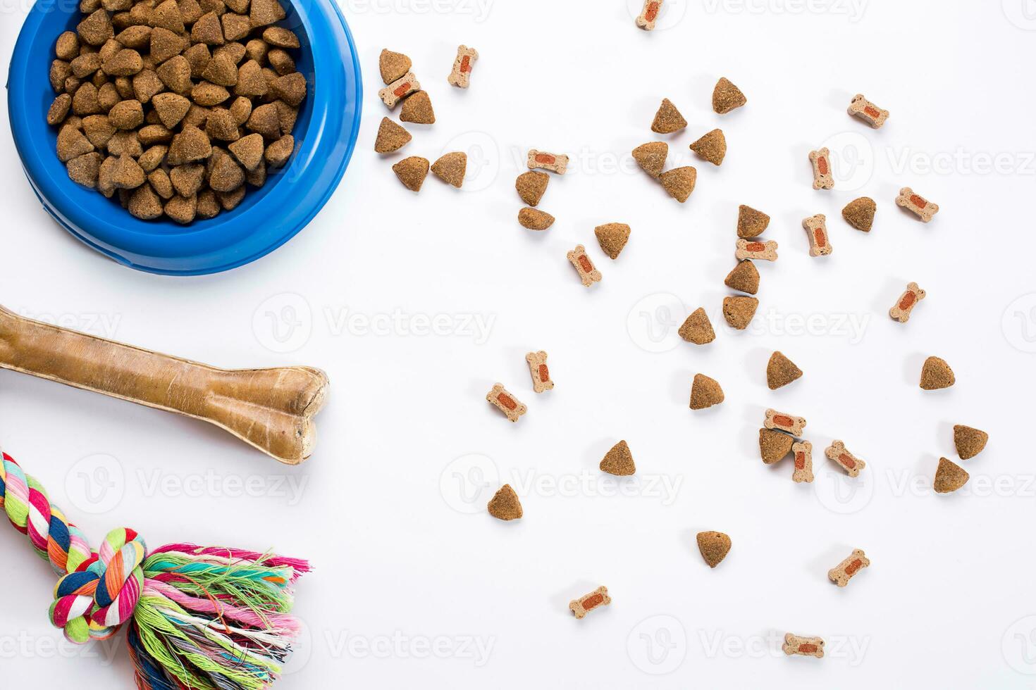 dry pet food in bowl and toys for dogs on white background top view photo