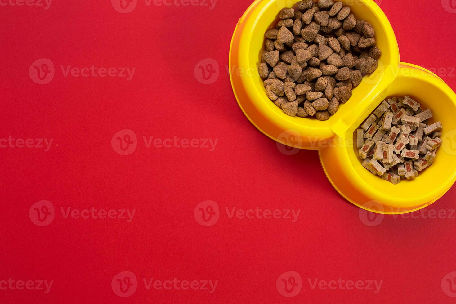 dry pet food in bowl on red background top view photo