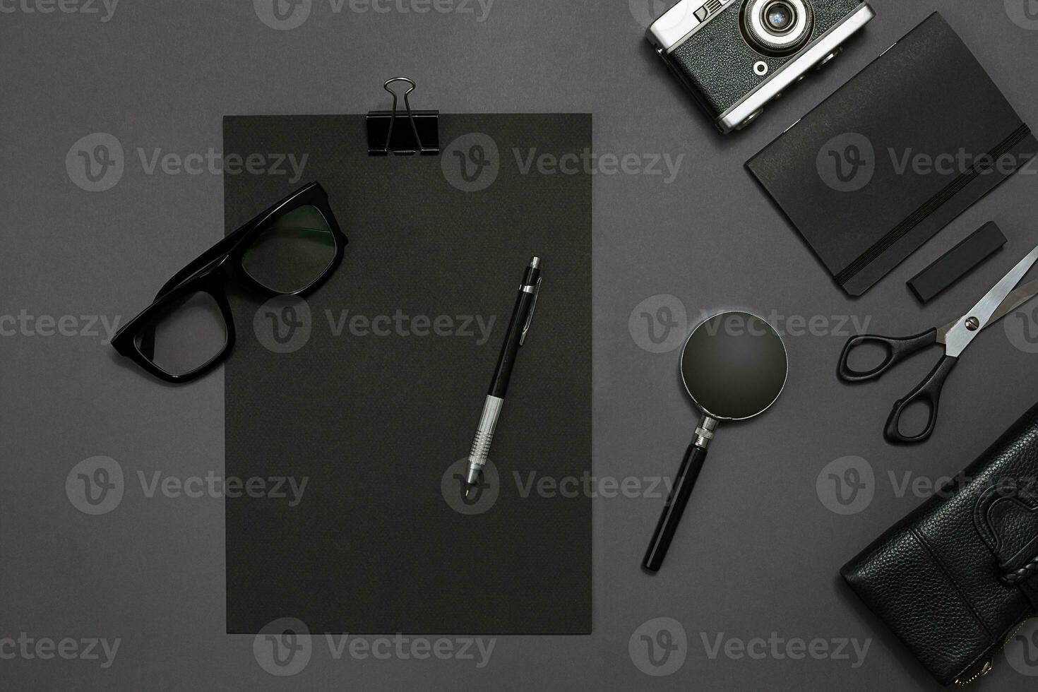 Workplace with office items and business elements on a desk. Concept for branding. Top view. photo