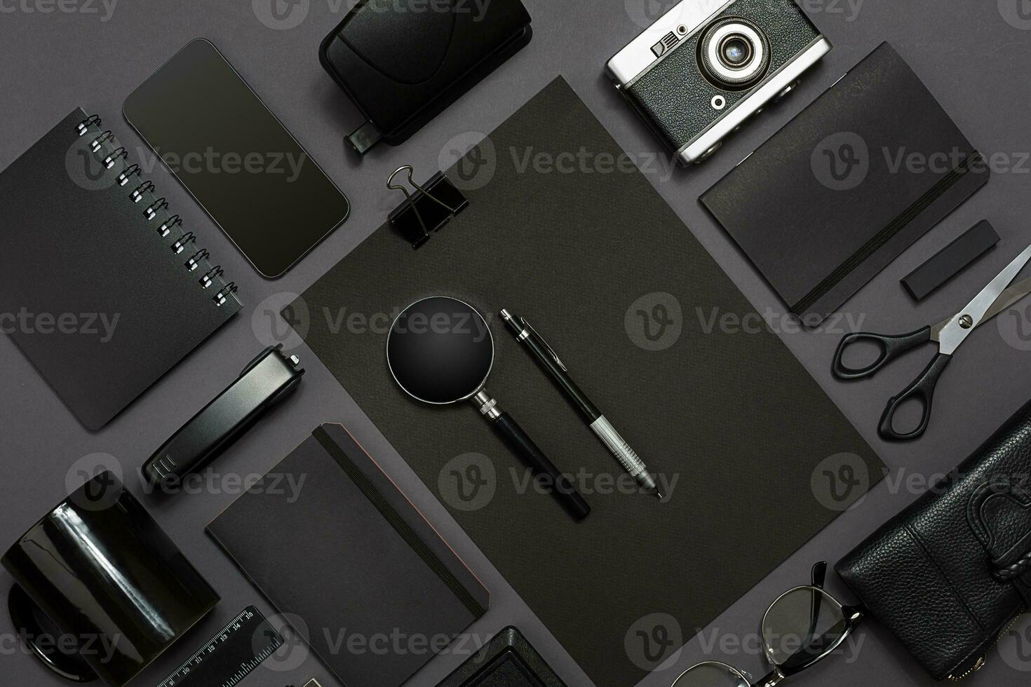 Workplace with office items and business elements on a desk. Concept for branding. Top view. photo