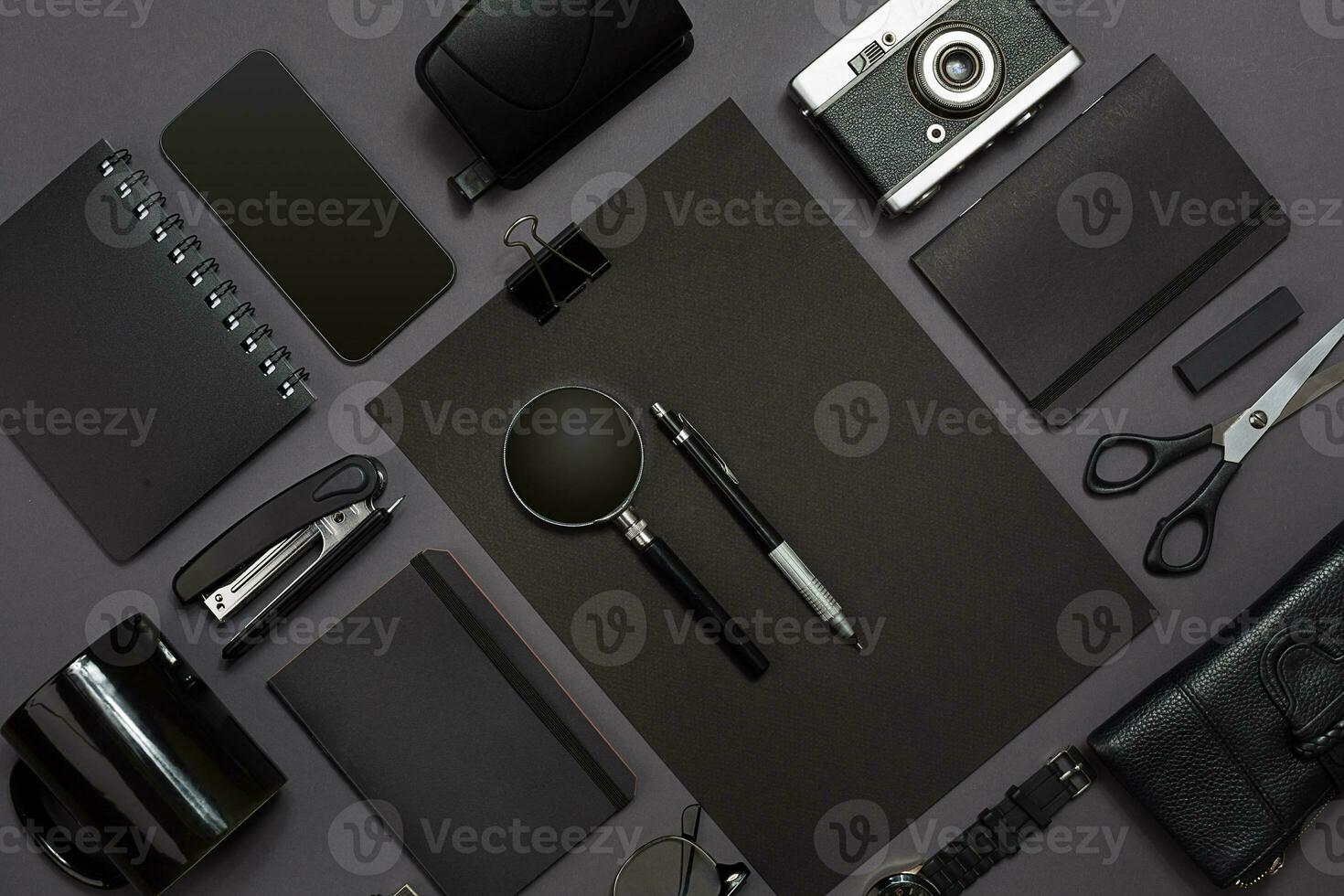 Workplace with office items and business elements on a desk. Concept for branding. Top view. photo