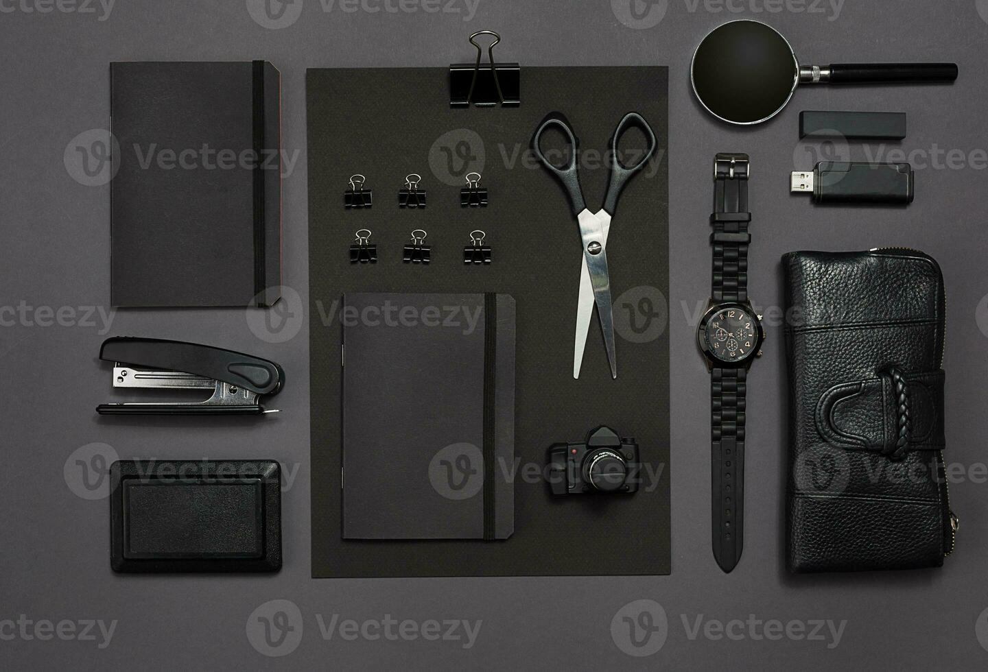 Workplace with office items and business elements on a desk. Concept for branding. Top view. photo