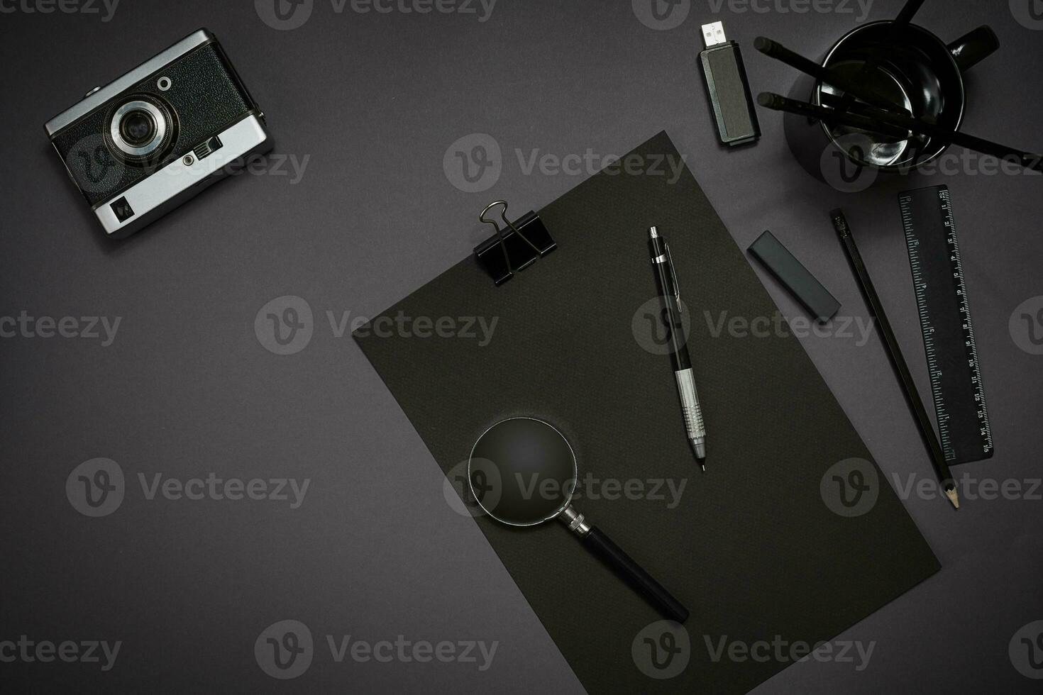 Still life, business, office supplies or education concept. Read photo